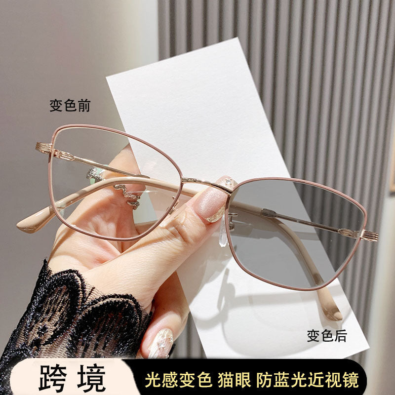 Discoloration anti-blue light myopia glasses Cross-border Advanced Non-degree European and American Metal Frame Cat's Eye Fashion Myopia Glasses