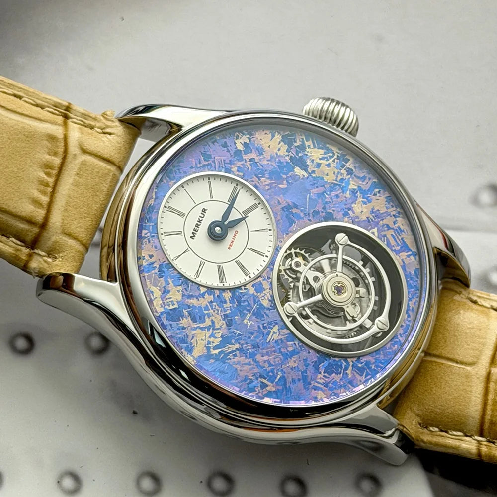 Relógio Merkur 100% Tourbillon masculino com safira, relógio de pulso mecânico de luxo à prova d'água, 42mm