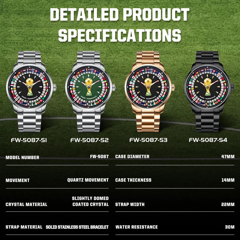 Relógio MARK FAIRWHALE Desportivo Masculino. Design exclusivo de futebol com mostrador rotativo 360°, bracelete em aço inoxidável e resistente à água.