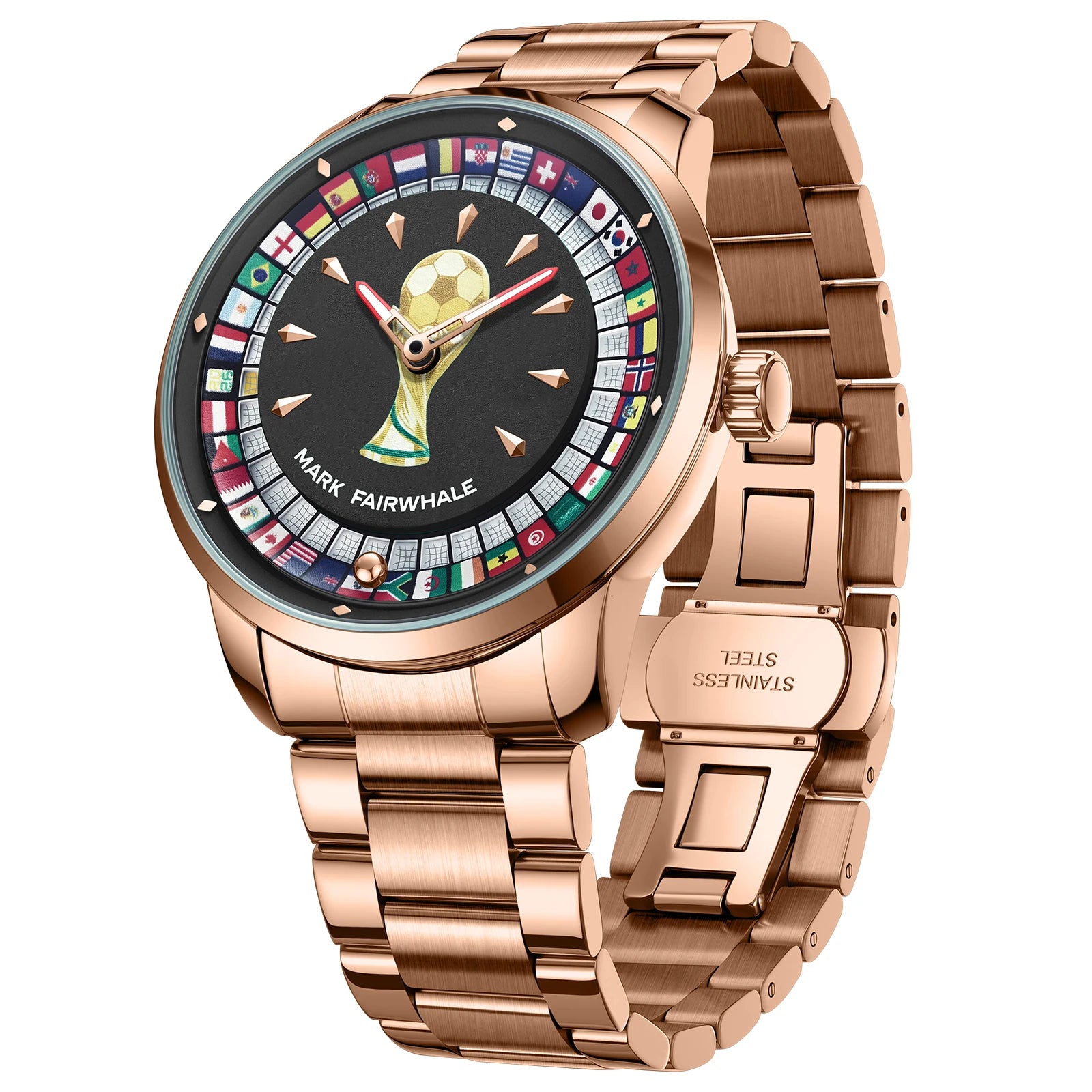 Relógio MARK FAIRWHALE Desportivo Masculino. Design exclusivo de futebol com mostrador rotativo 360°, bracelete em aço inoxidável e resistente à água.