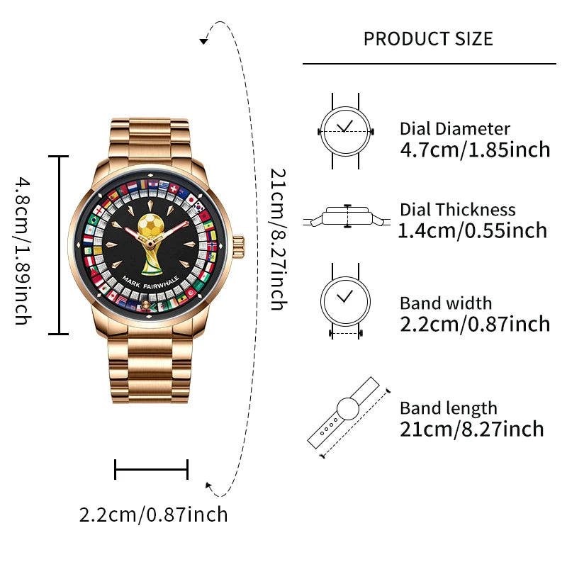Relógio MARK FAIRWHALE Desportivo Masculino. Design exclusivo de futebol com mostrador rotativo 360°, bracelete em aço inoxidável e resistente à água.
