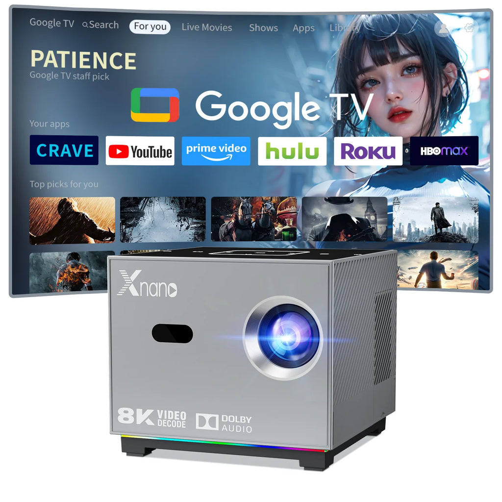 Projetor Xnano com Suporte a 8K, Portátil, Foco Automático, Android 13, Wi-Fi Dual Band, Bluetooth 5.0, Controle Remoto por Voz, para Cinema em Casa e Uso Externo