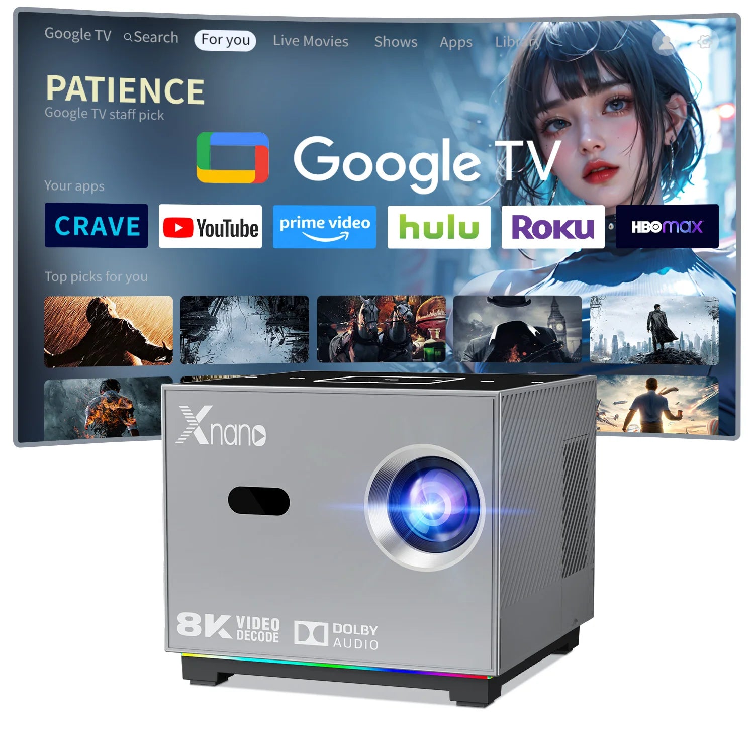 Projetor Xnano com Suporte a 8K, Portátil, Foco Automático, Android 13, Wi-Fi Dual Band, Bluetooth 5.0, Controle Remoto por Voz, para Cinema em Casa e Uso Externo