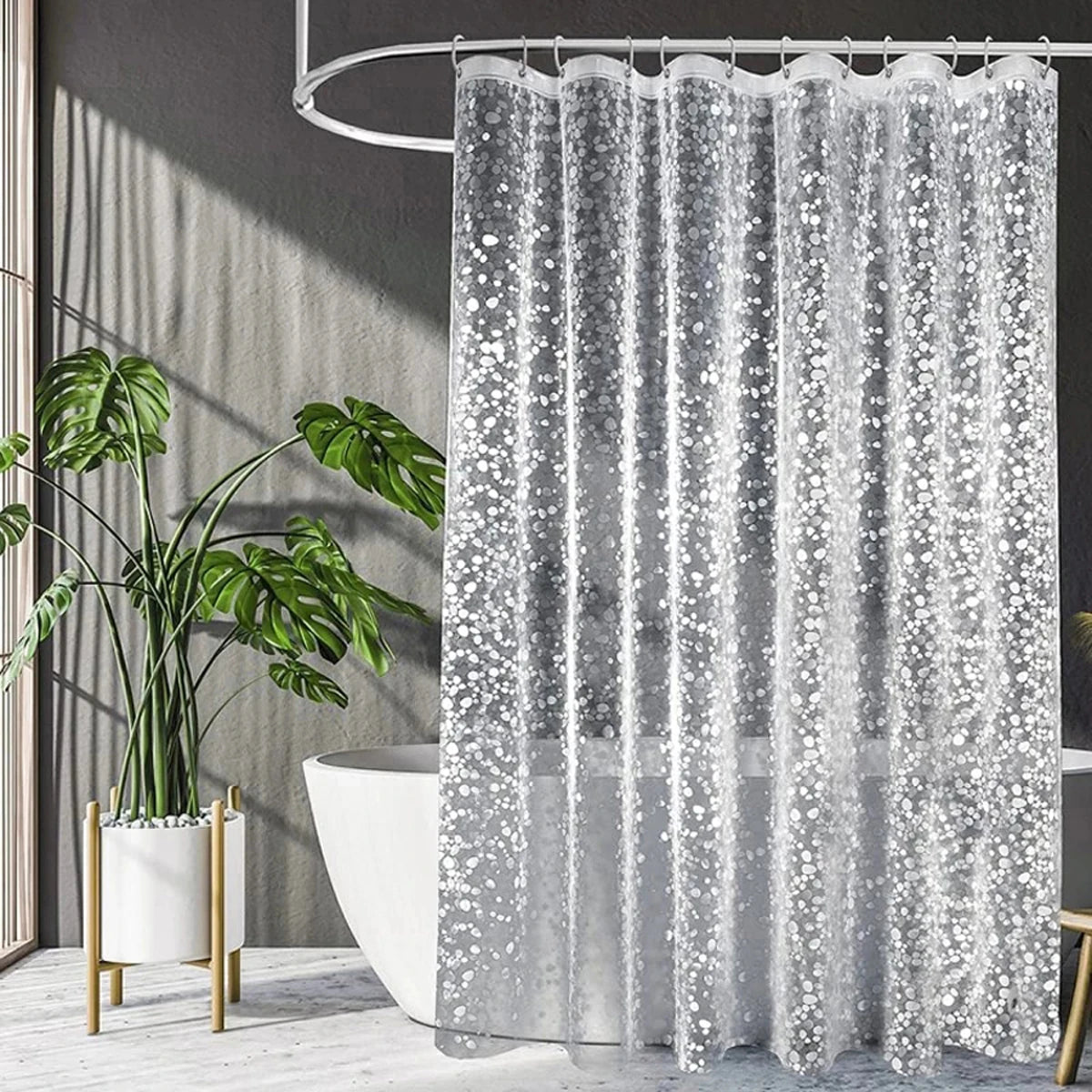 Cortina de Chuveiro em PEVA com Estampa de Seixos – Forro Transparente e Impermeável para Banheira