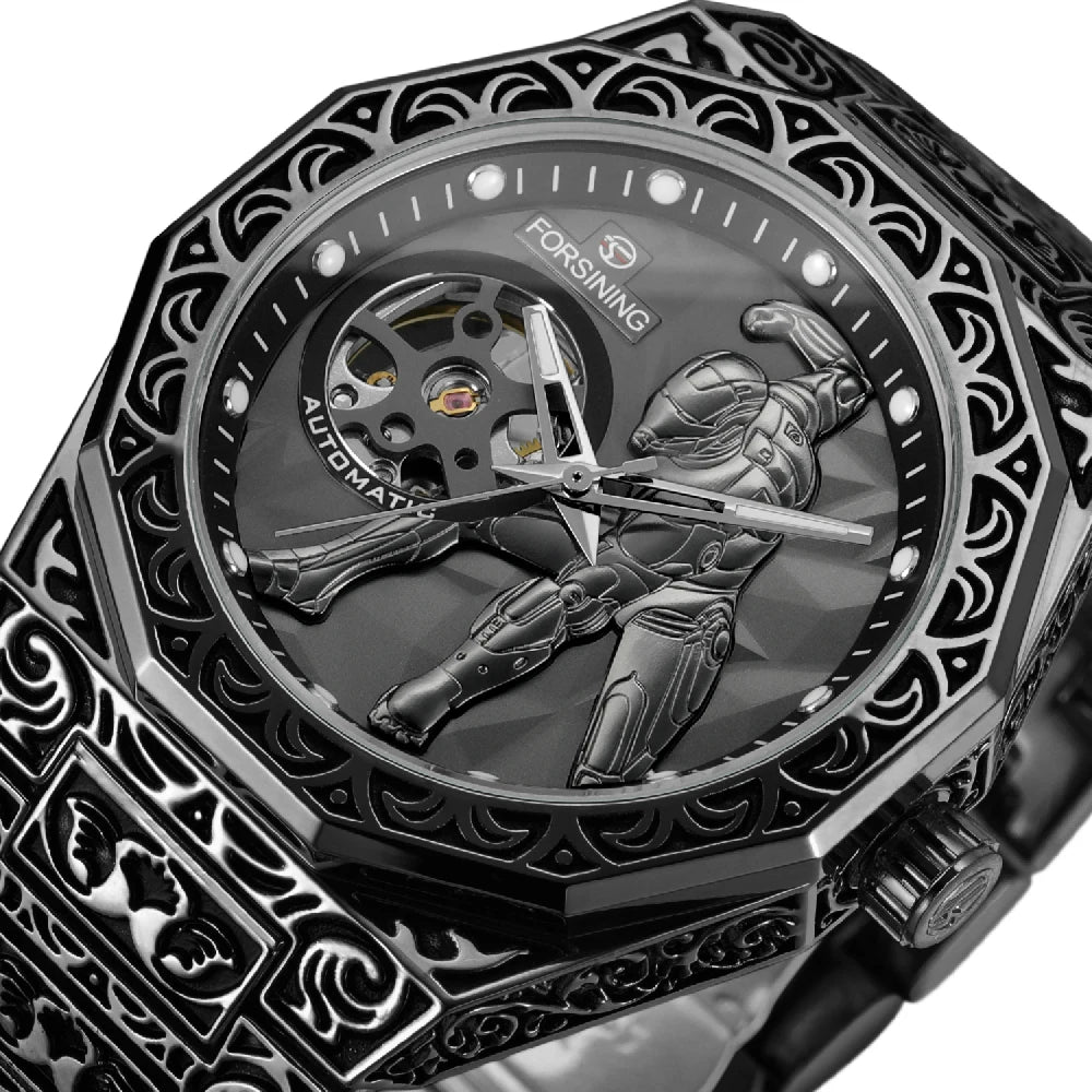 Relógio Automático Masculino FORSINING, Mecânico Esqueleto Retrô Vintage com Pulseira de Aço Gravada, Mostrador Luminoso e Fecho Deployant