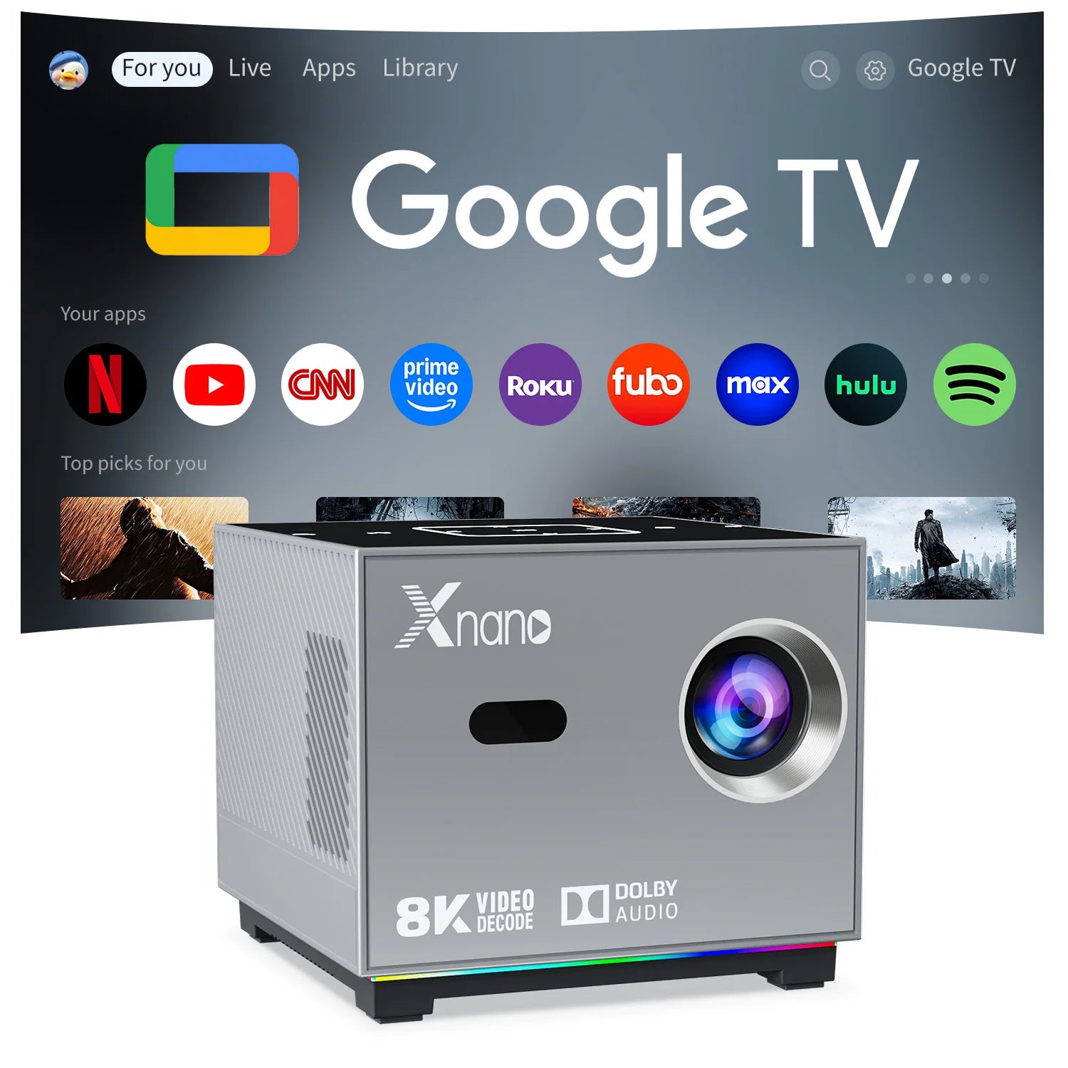 Projetor Xnano com Suporte a 8K, Portátil, Foco Automático, Android 13, Wi-Fi Dual Band, Bluetooth 5.0, Controle Remoto por Voz, para Cinema em Casa e Uso Externo
