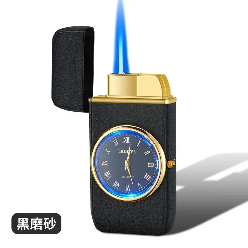 Novo relógio de quartzo à prova de vento mais leve metal luz azul balancim butano jet chama tocha mais leve fumar presente dos homens ferramentas ignição