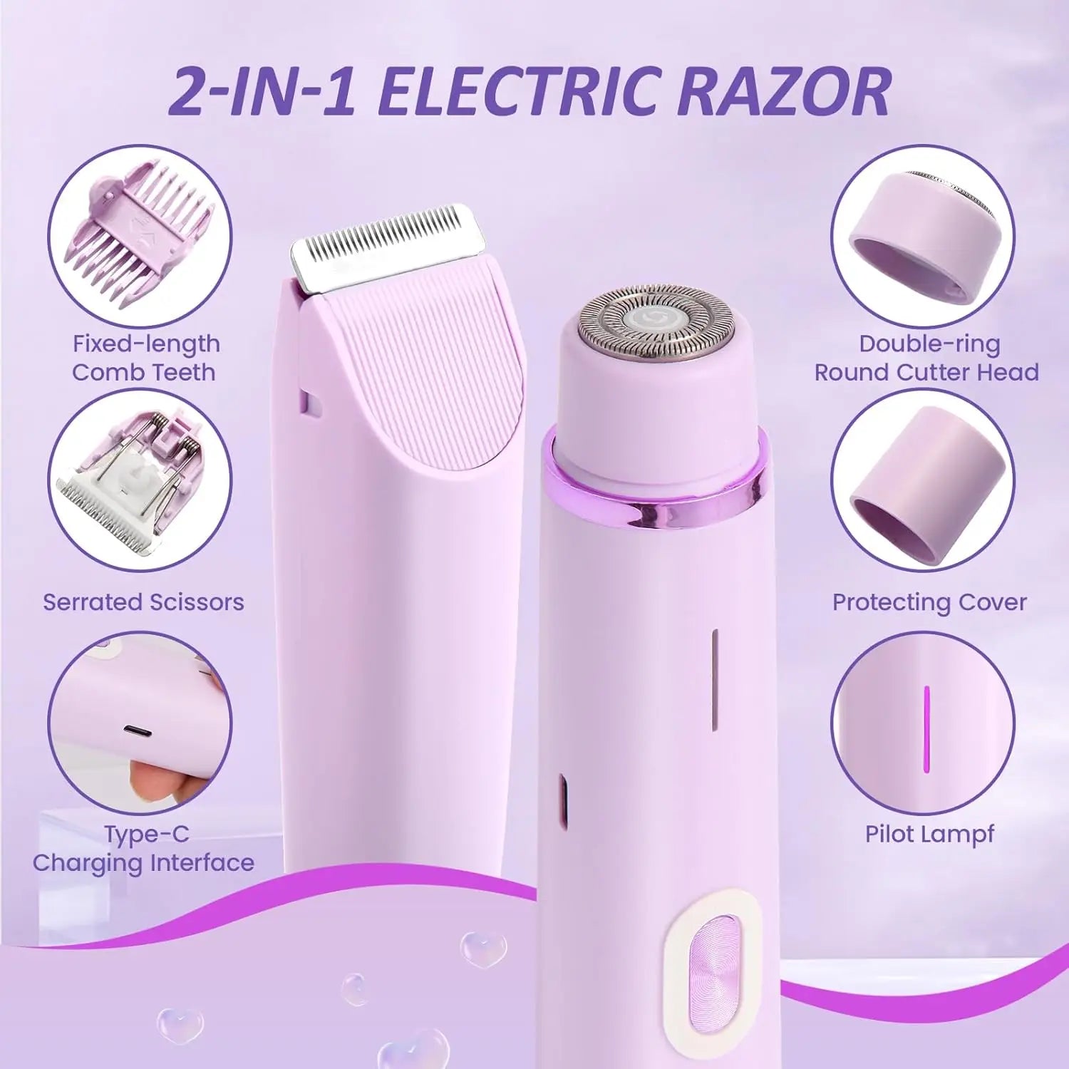 Lâminas elétricas para mulheres 2 em 1 barbeador elétrico para aparador de pêlos pubianos IPX7 à prova d'água uso molhado e seco barbeador de biquíni para corpo