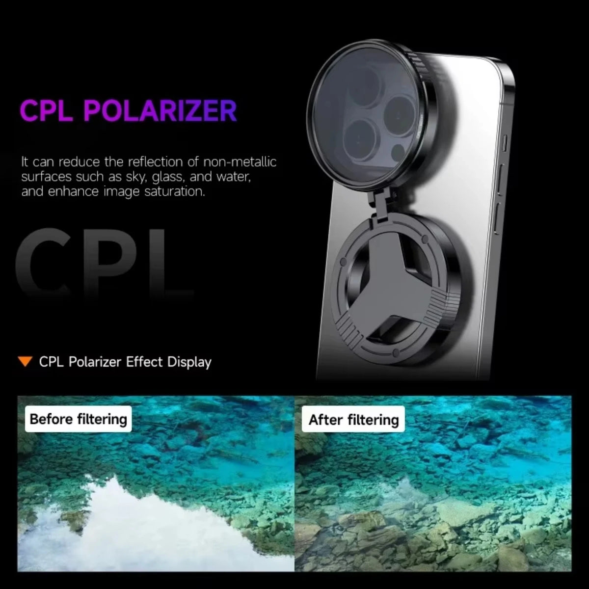 Filtro Polarizador CPL Magnético de 52mm para Lente de Celular iPhone/Samsung e Outros Smartphones com Adaptador Magnético Retrátil
