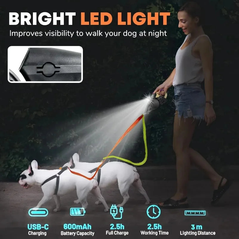 Coleira retrátil de 3m para cães pequenos, refletiva, dupla, com trava giratória 360°, anti-emaranhamento