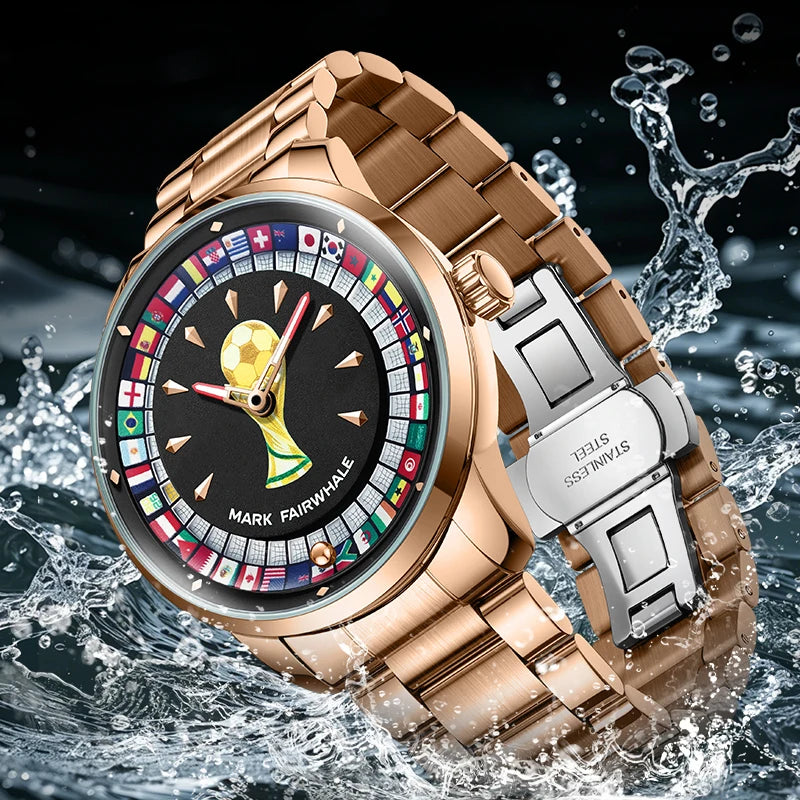 Relógio MARK FAIRWHALE Desportivo Masculino. Design exclusivo de futebol com mostrador rotativo 360°, bracelete em aço inoxidável e resistente à água.
