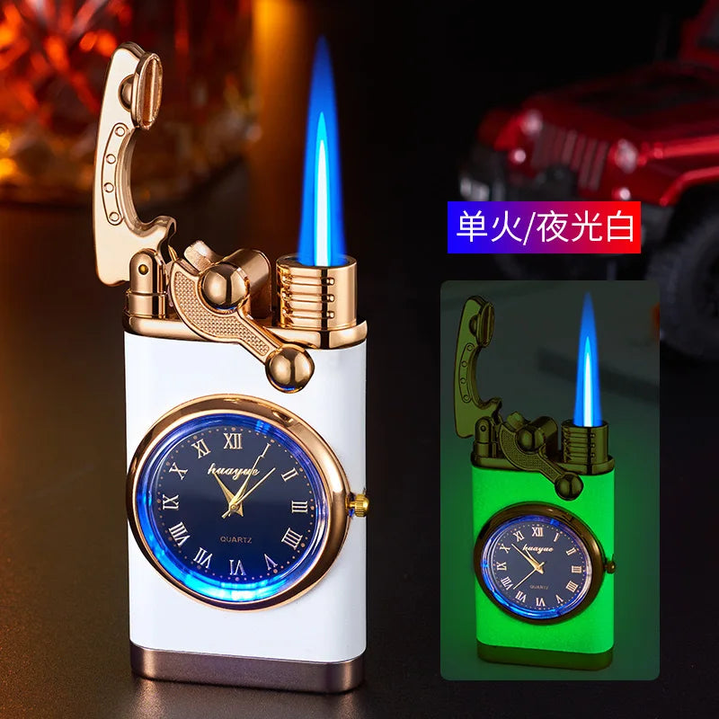 Novo relógio de quartzo à prova de vento mais leve metal luz azul balancim butano jet chama tocha mais leve fumar presente dos homens ferramentas ignição