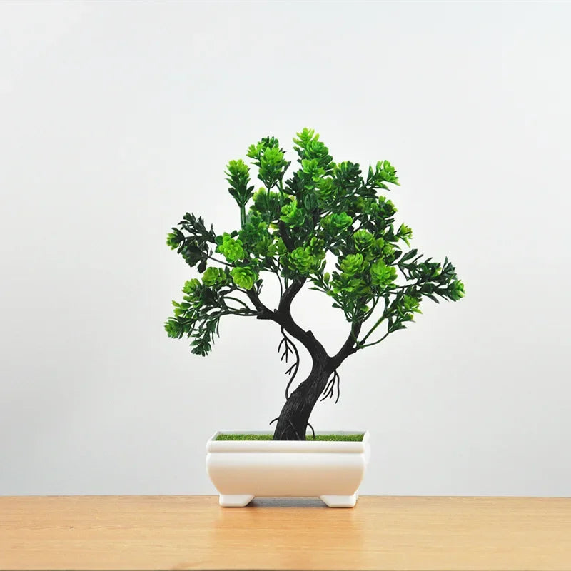Bonsai de Planta Artificial em Vaso – Mini Árvore Verde e Flores Falsas, Enfeite Decorativo para Casa, Jardim, Festas e Decoração de Hotel