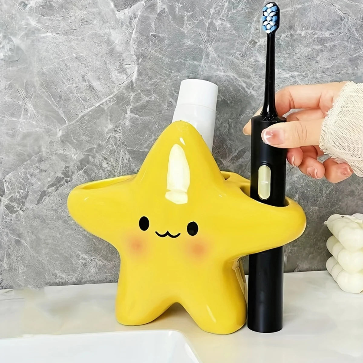 Porta-Escovas de Dentes Fofo em Formato de Estrela – Organizador de Banheiro de Bancada com Carinha Fofa, Economia de Espaço para Escovas e Pasta