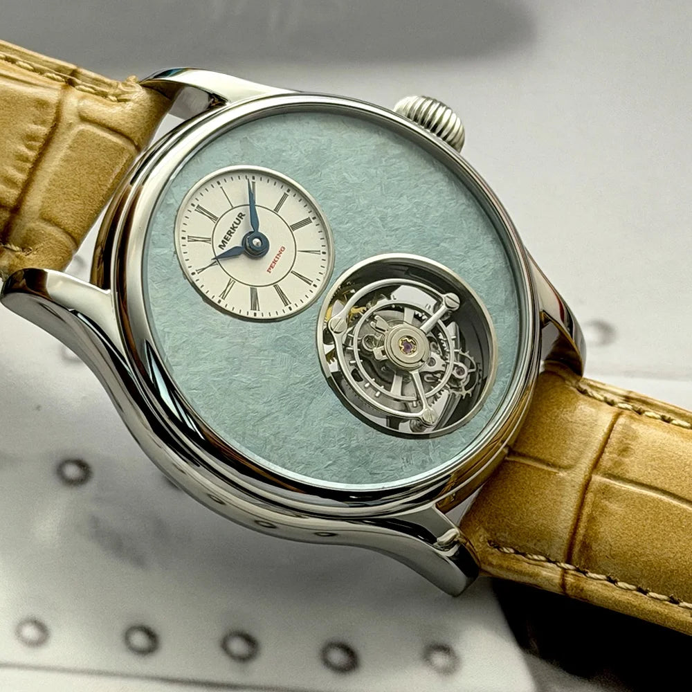 Relógio Merkur 100% Tourbillon masculino com safira, relógio de pulso mecânico de luxo à prova d'água, 42mm
