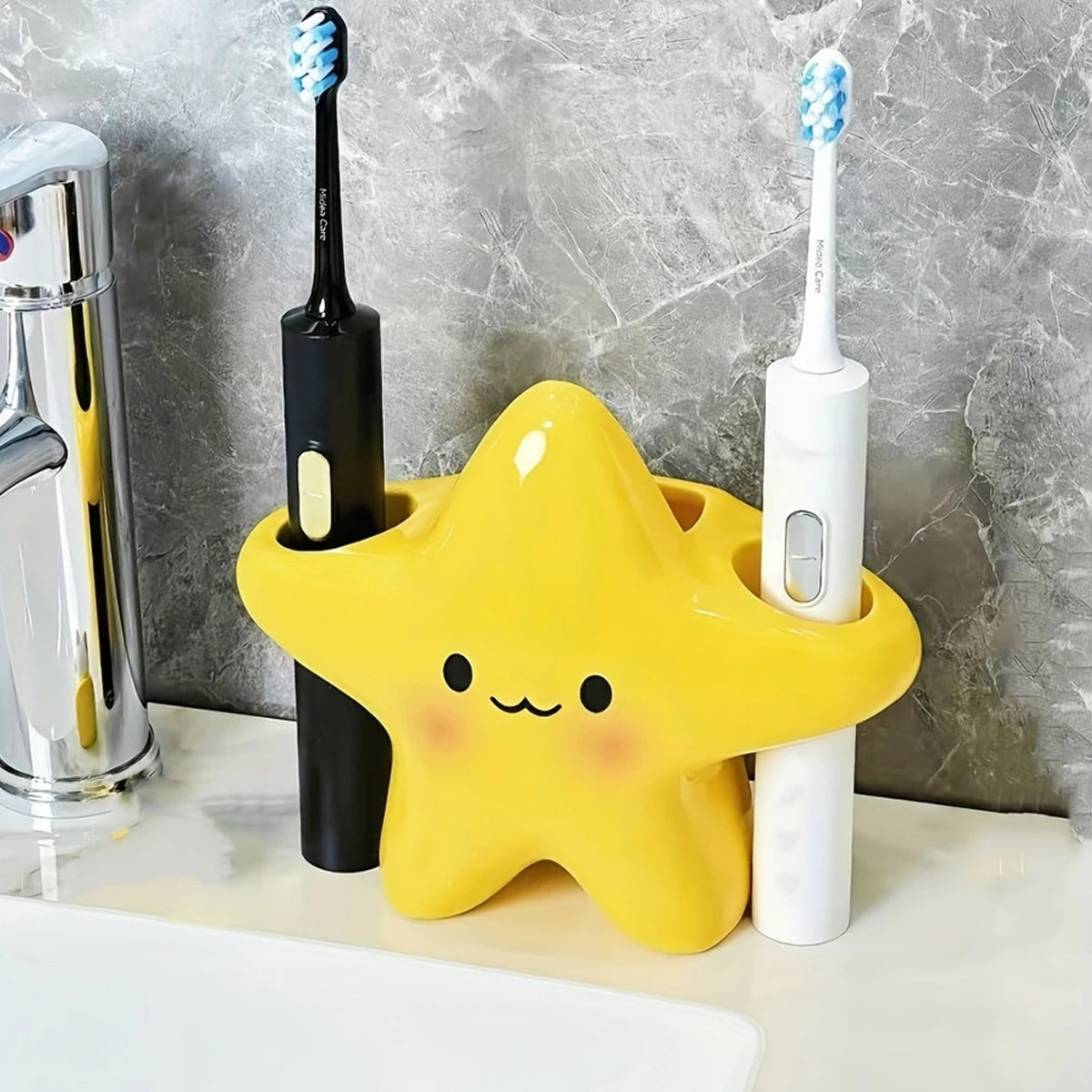 Porta-Escovas de Dentes Fofo em Formato de Estrela – Organizador de Banheiro de Bancada com Carinha Fofa, Economia de Espaço para Escovas e Pasta