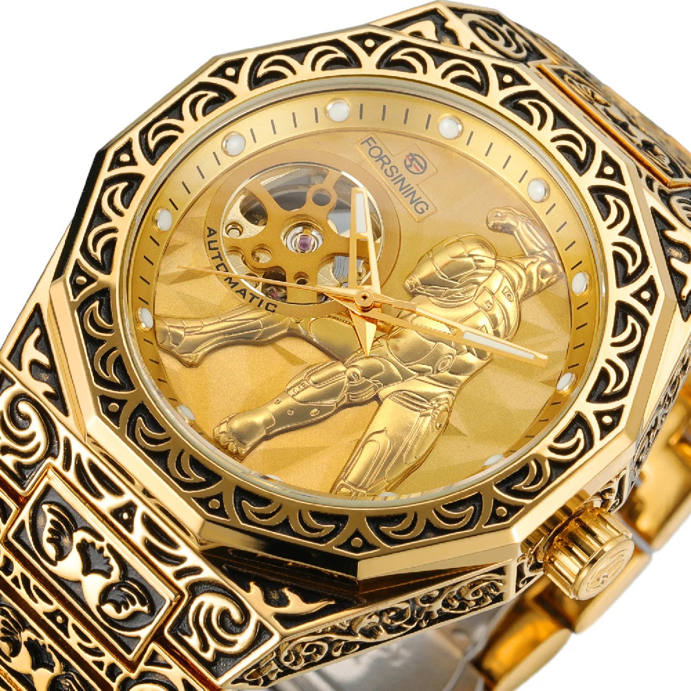 Relógio Automático Masculino FORSINING, Mecânico Esqueleto Retrô Vintage com Pulseira de Aço Gravada, Mostrador Luminoso e Fecho Deployant