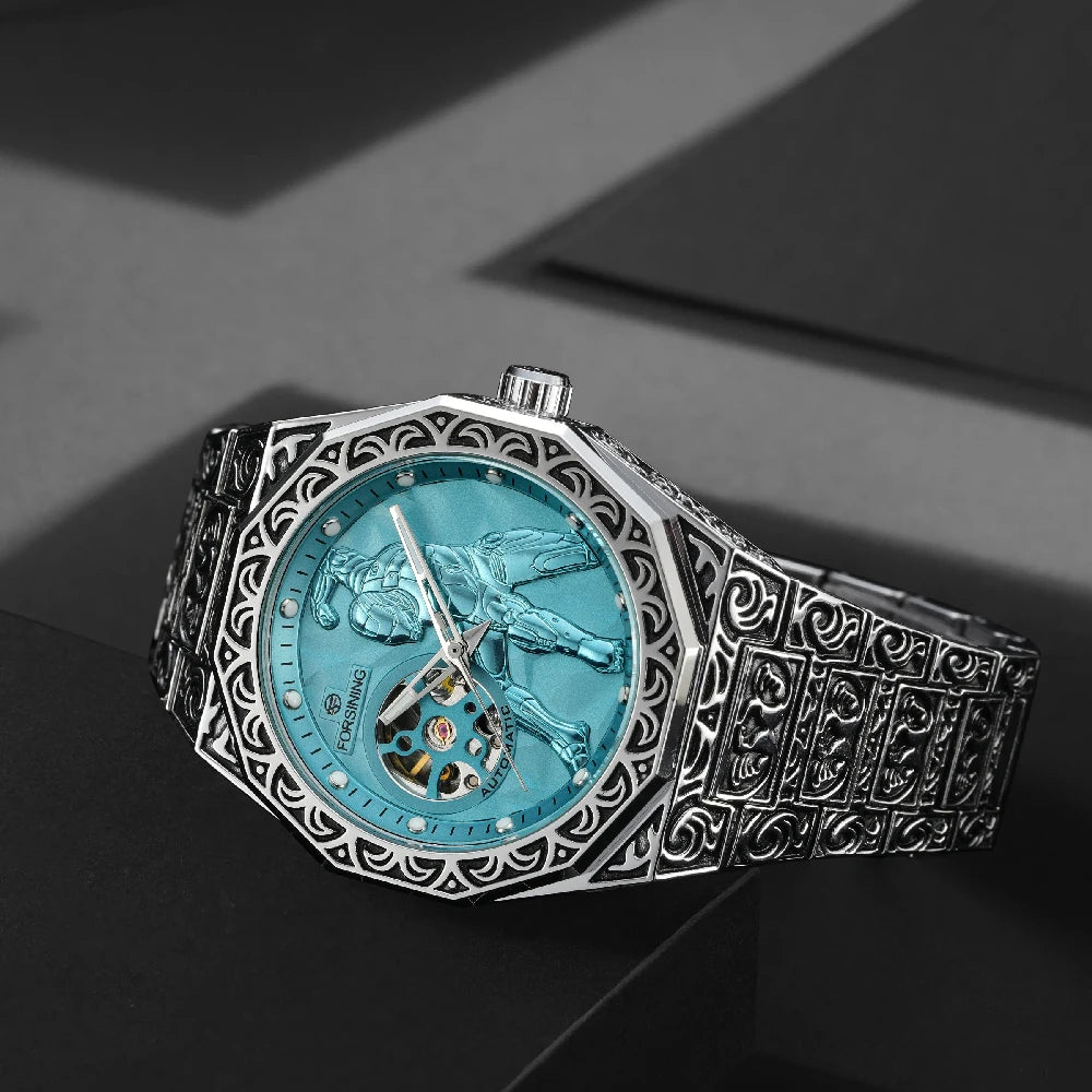Relógio Automático Masculino FORSINING, Mecânico Esqueleto Retrô Vintage com Pulseira de Aço Gravada, Mostrador Luminoso e Fecho Deployant