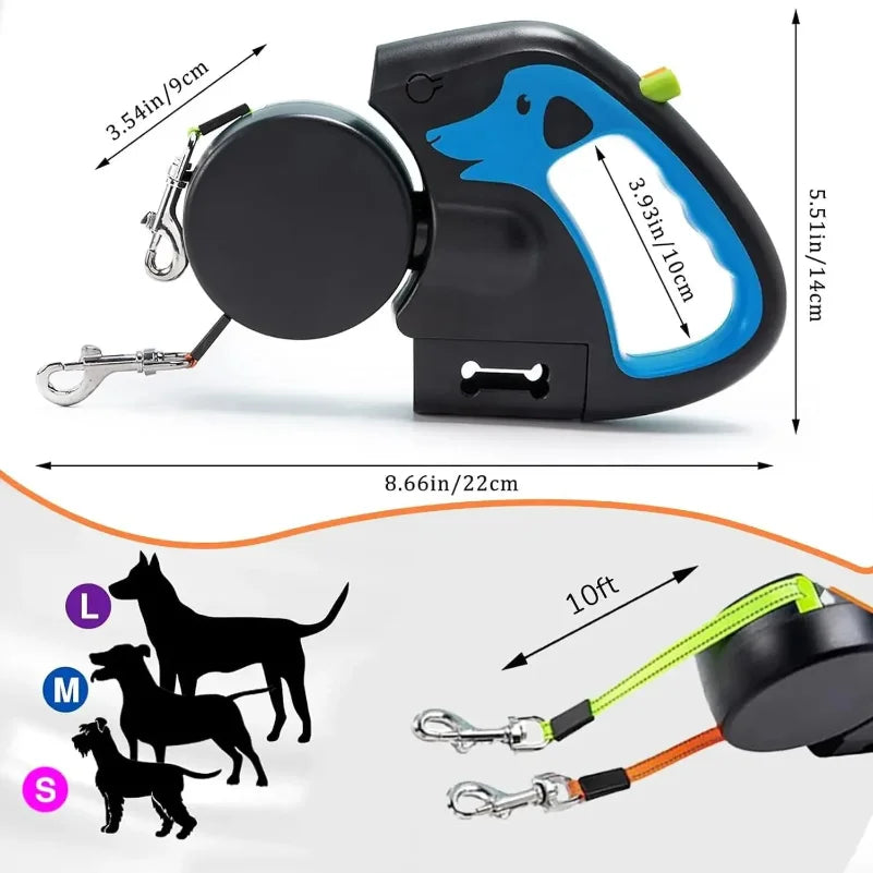 Coleira retrátil de 3m para cães pequenos, refletiva, dupla, com trava giratória 360°, anti-emaranhamento