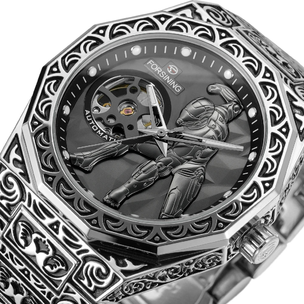 Relógio Automático Masculino FORSINING, Mecânico Esqueleto Retrô Vintage com Pulseira de Aço Gravada, Mostrador Luminoso e Fecho Deployant