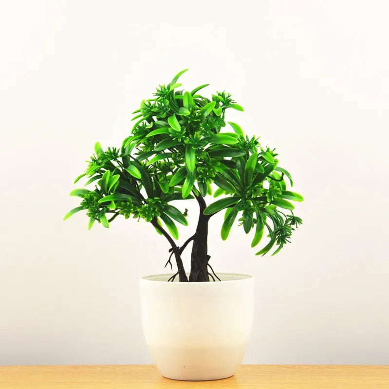 Bonsai de Planta Artificial em Vaso – Mini Árvore Verde e Flores Falsas, Enfeite Decorativo para Casa, Jardim, Festas e Decoração de Hotel