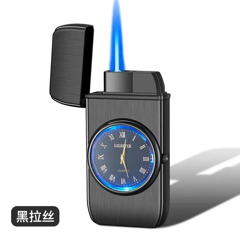 Novo relógio de quartzo à prova de vento mais leve metal luz azul balancim butano jet chama tocha mais leve fumar presente dos homens ferramentas ignição