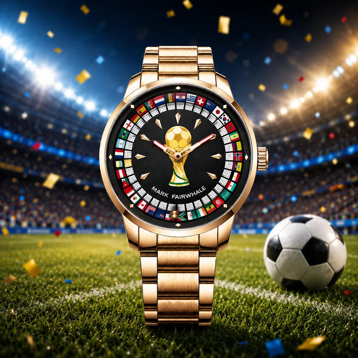 Relógio MARK FAIRWHALE Desportivo Masculino. Design exclusivo de futebol com mostrador rotativo 360°, bracelete em aço inoxidável e resistente à água.