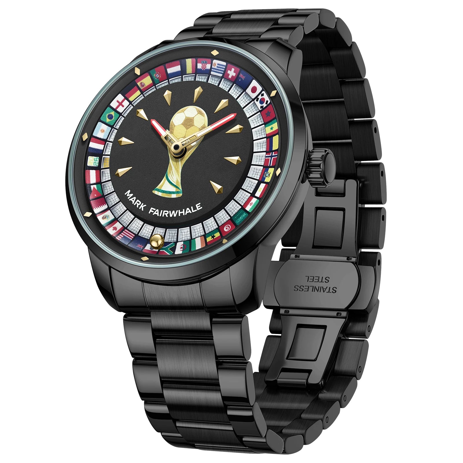 Relógio MARK FAIRWHALE Desportivo Masculino. Design exclusivo de futebol com mostrador rotativo 360°, bracelete em aço inoxidável e resistente à água.