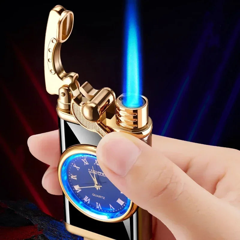 Novo relógio de quartzo à prova de vento mais leve metal luz azul balancim butano jet chama tocha mais leve fumar presente dos homens ferramentas ignição