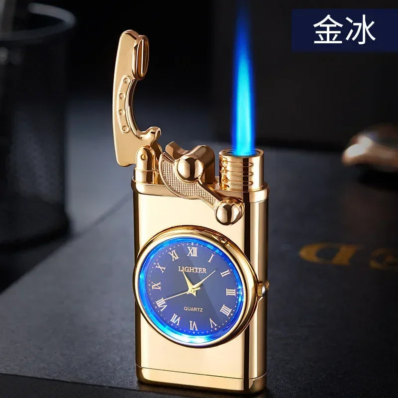 Novo relógio de quartzo à prova de vento mais leve metal luz azul balancim butano jet chama tocha mais leve fumar presente dos homens ferramentas ignição