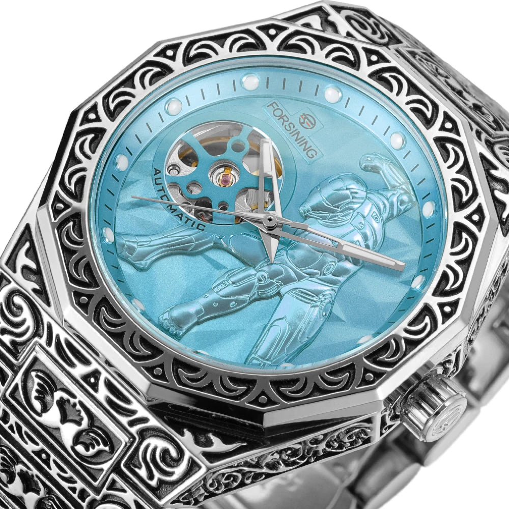 Relógio Automático Masculino FORSINING, Mecânico Esqueleto Retrô Vintage com Pulseira de Aço Gravada, Mostrador Luminoso e Fecho Deployant