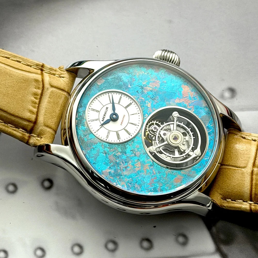 Relógio Merkur 100% Tourbillon masculino com safira, relógio de pulso mecânico de luxo à prova d'água, 42mm