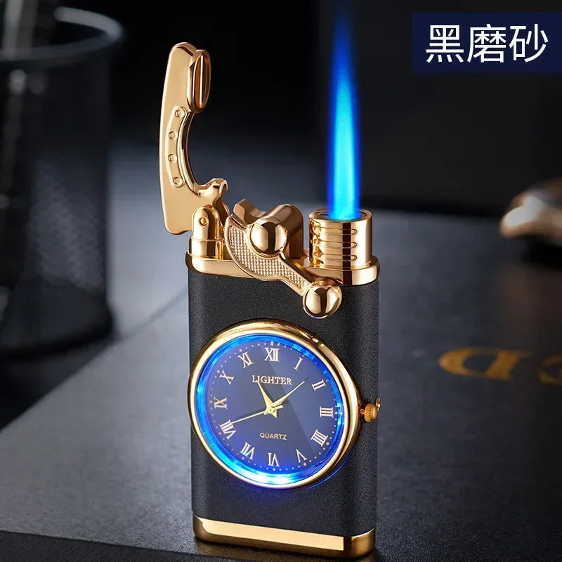 Novo relógio de quartzo à prova de vento mais leve metal luz azul balancim butano jet chama tocha mais leve fumar presente dos homens ferramentas ignição