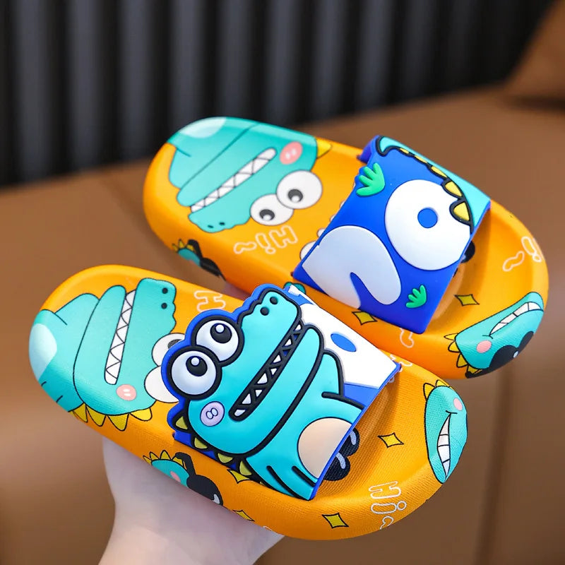 Dinossauro dos desenhos animados crianças chinelos menino meninas sapatos casuais plana praia sapatos de água interior macio crianças bonito flip flops para menino menina