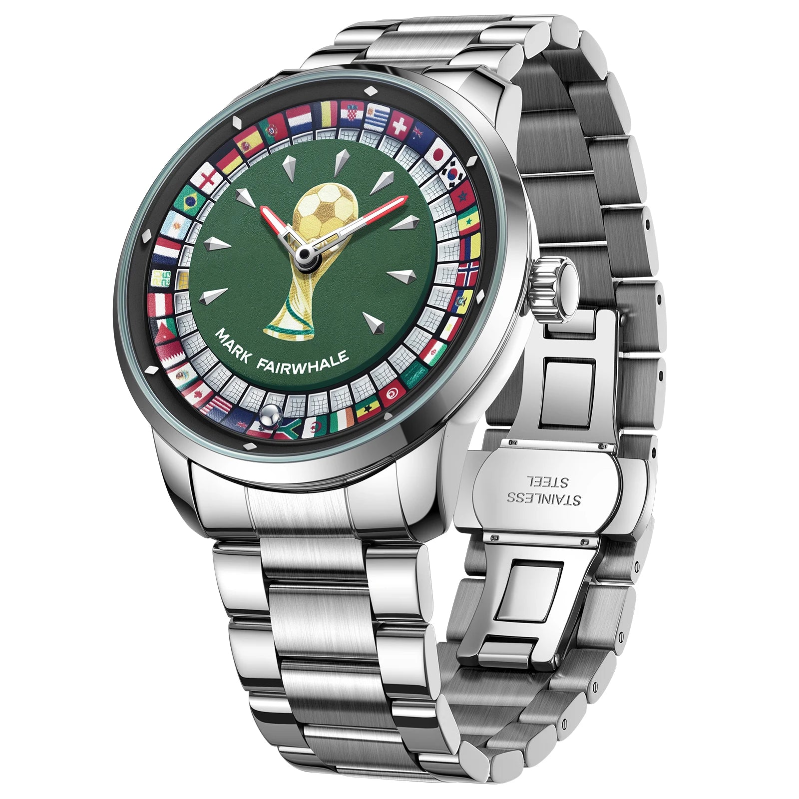 Relógio MARK FAIRWHALE Desportivo Masculino. Design exclusivo de futebol com mostrador rotativo 360°, bracelete em aço inoxidável e resistente à água.