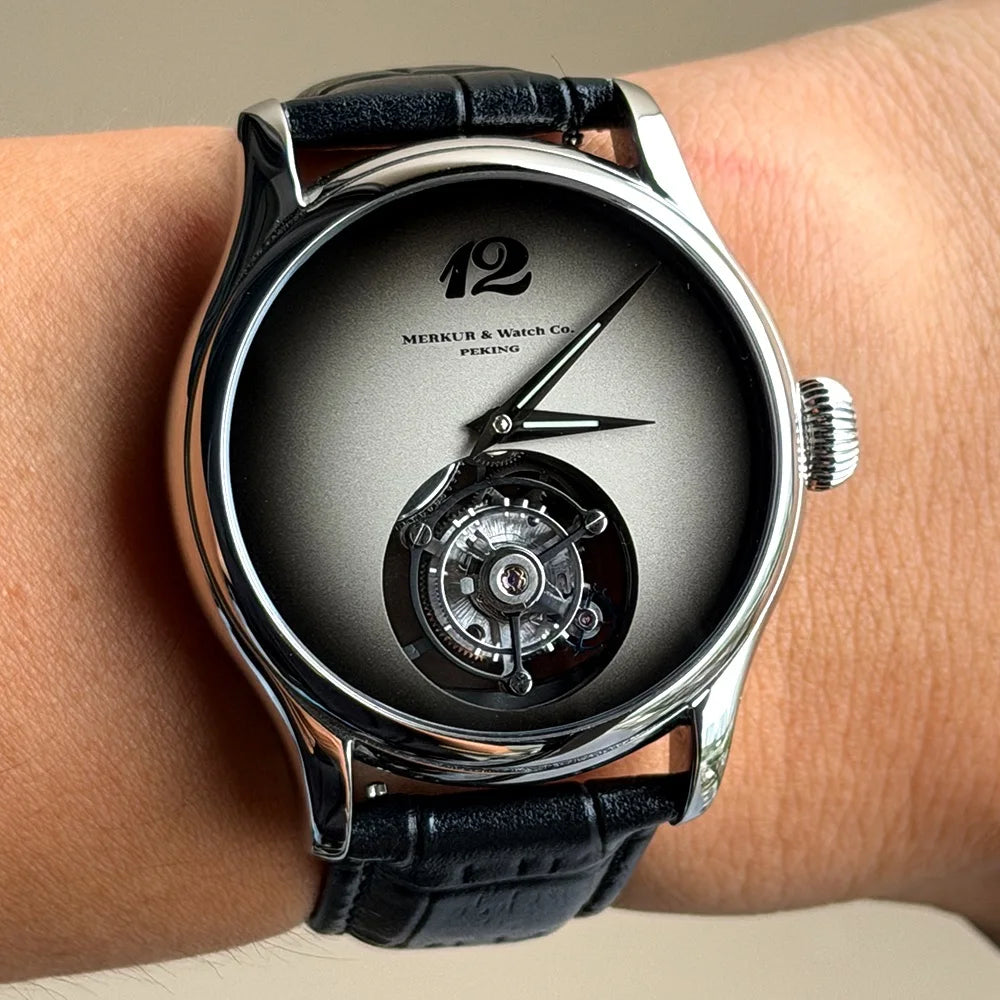 Relógio Merkur 100% Tourbillon masculino com safira, relógio de pulso mecânico de luxo à prova d'água, 42mm