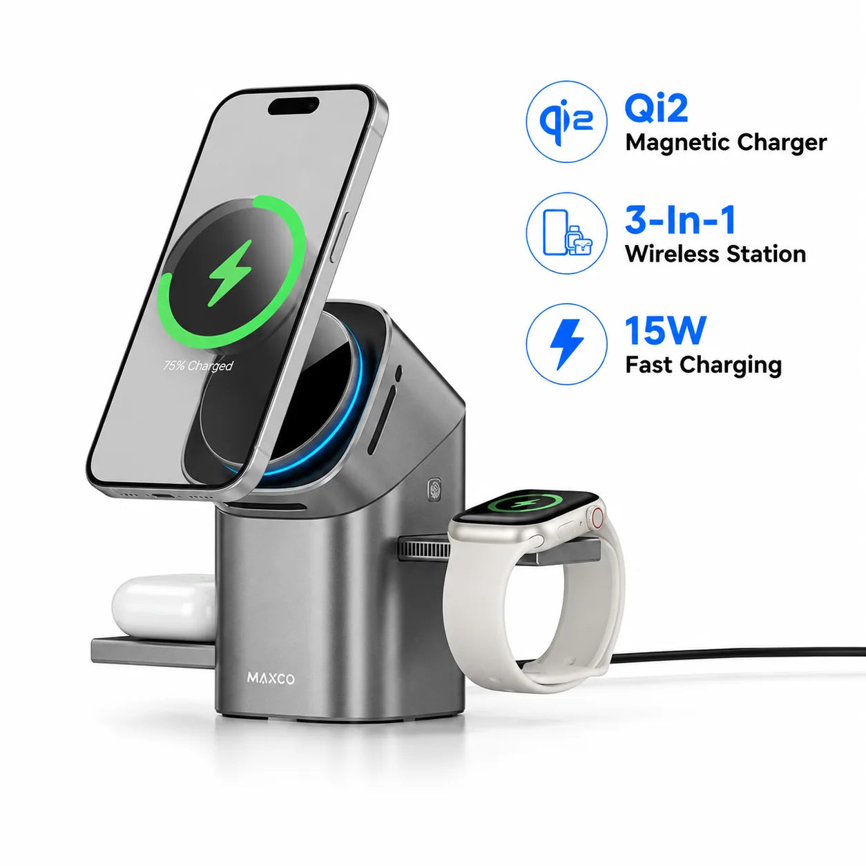 Carregador Sem Fio Magnético Automático Multifuncional 3 em 1 Qi2 2026 para iPhone 17 16 15 14 13 Pro Max, Apple Watch e AirPods