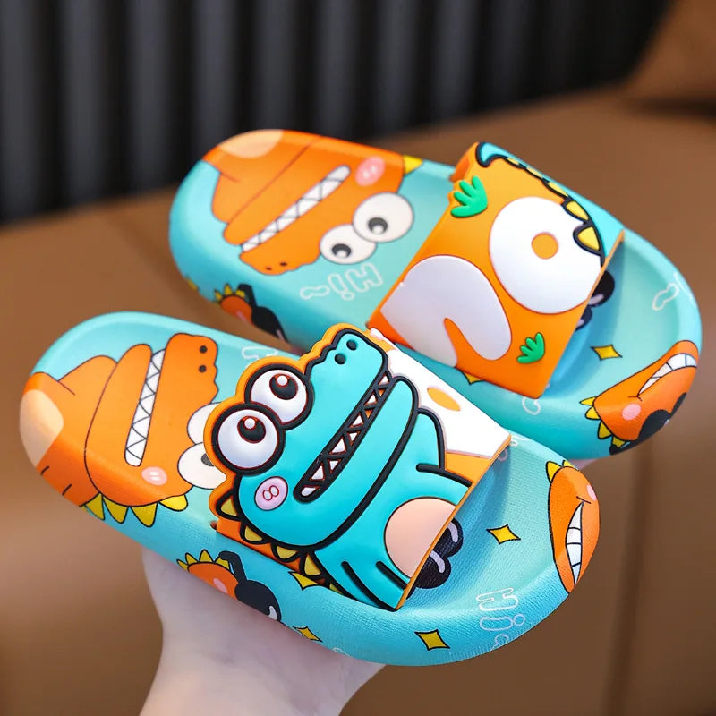Dinossauro dos desenhos animados crianças chinelos menino meninas sapatos casuais plana praia sapatos de água interior macio crianças bonito flip flops para menino menina