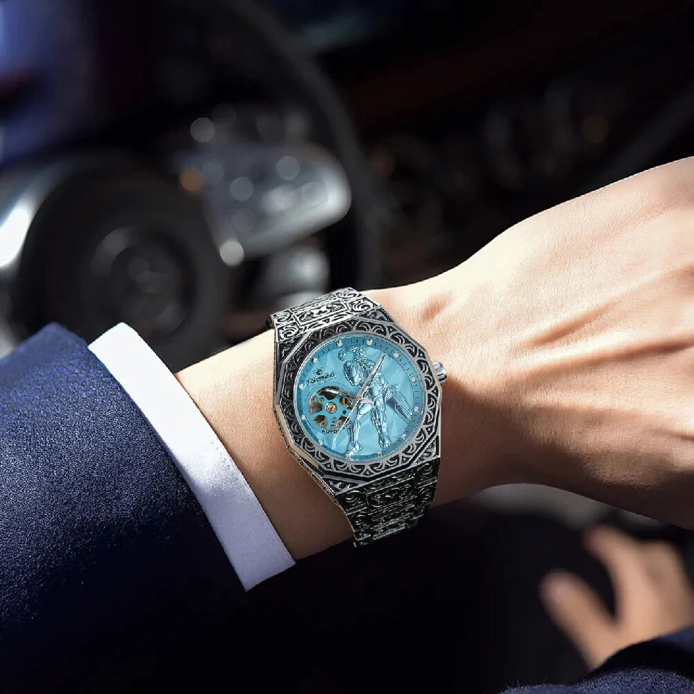 Relógio Automático Masculino FORSINING, Mecânico Esqueleto Retrô Vintage com Pulseira de Aço Gravada, Mostrador Luminoso e Fecho Deployant
