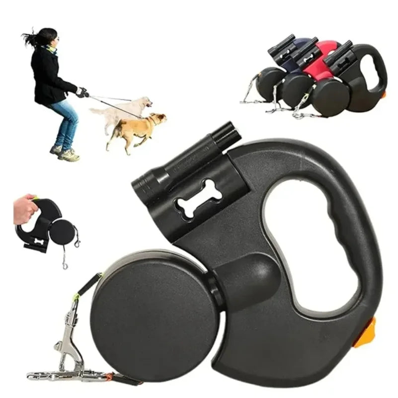Coleira retrátil de 3m para cães pequenos, refletiva, dupla, com trava giratória 360°, anti-emaranhamento
