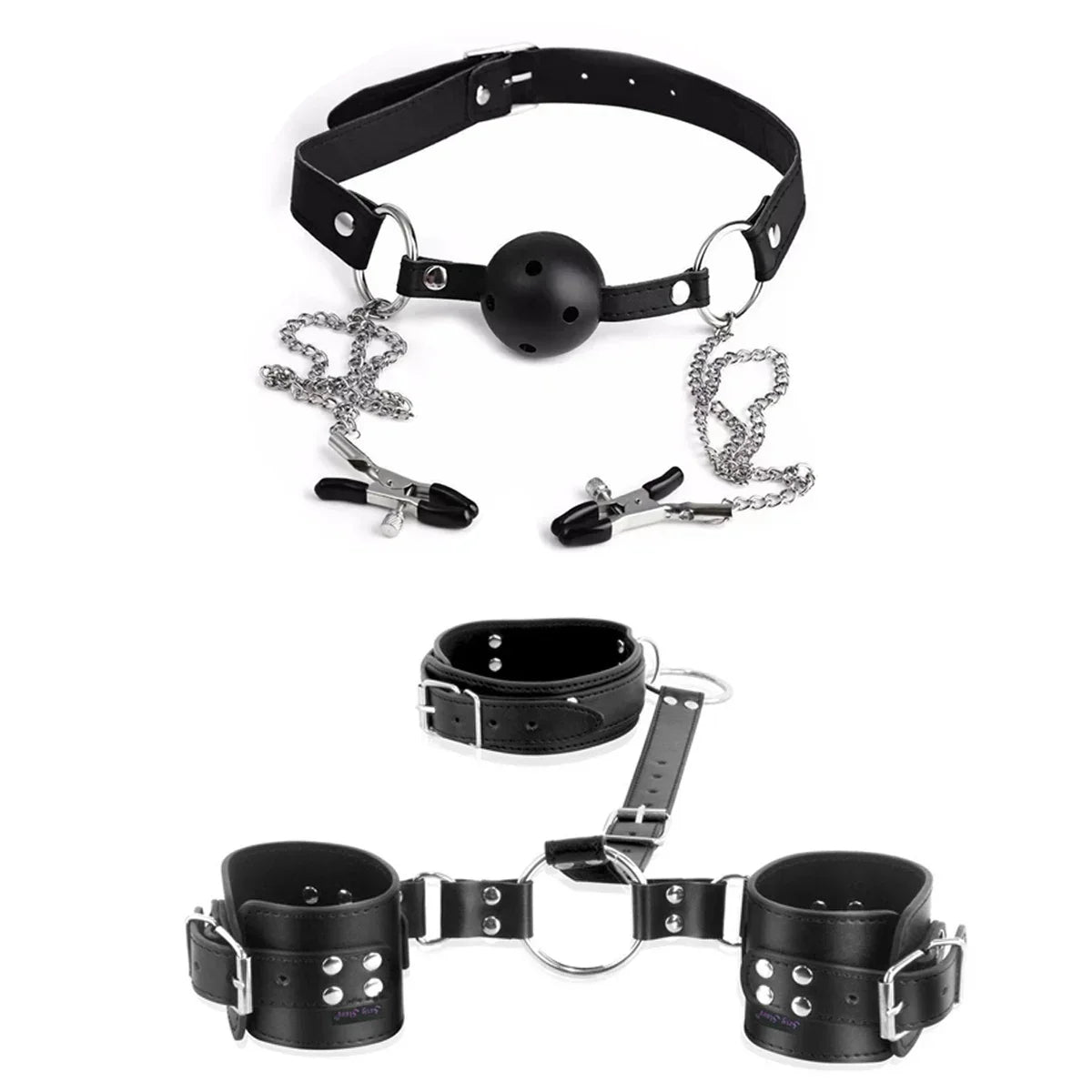 Kit de restrições de pescoço para pulso com grampos de mamilo mordaça brinquedos sexuais para mulheres algemas traseiras ajustáveis colar bondage sm brinquedos de jogo sexual