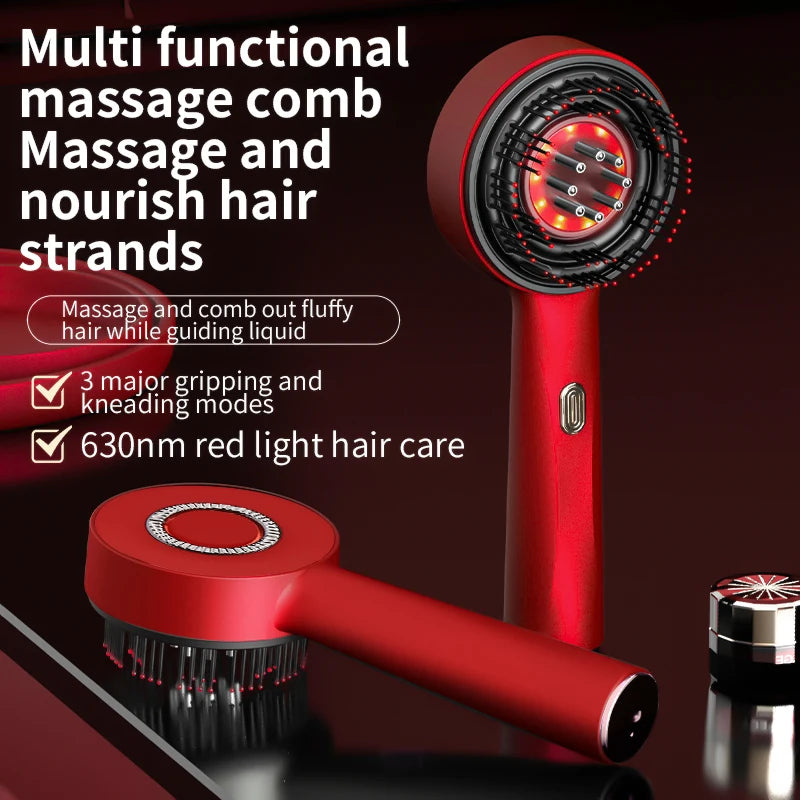 Escova de Massagem Elétrica com Vibração e Terapia de Luz Vermelha para Crescimento Capilar, 3 Modos de Massagem, Aplicador de Óleo Líquido, Massageador de Couro Cabeludo