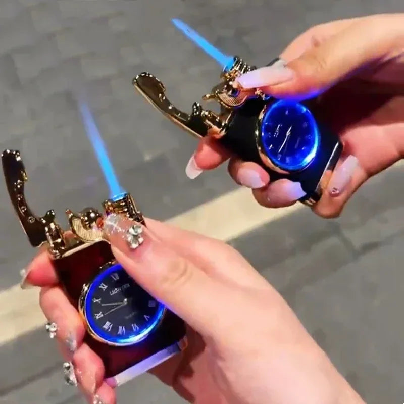 Novo relógio de quartzo à prova de vento mais leve metal luz azul balancim butano jet chama tocha mais leve fumar presente dos homens ferramentas ignição