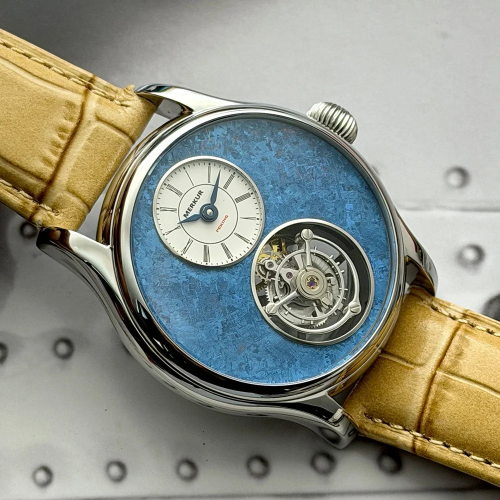 Relógio Merkur 100% Tourbillon masculino com safira, relógio de pulso mecânico de luxo à prova d'água, 42mm