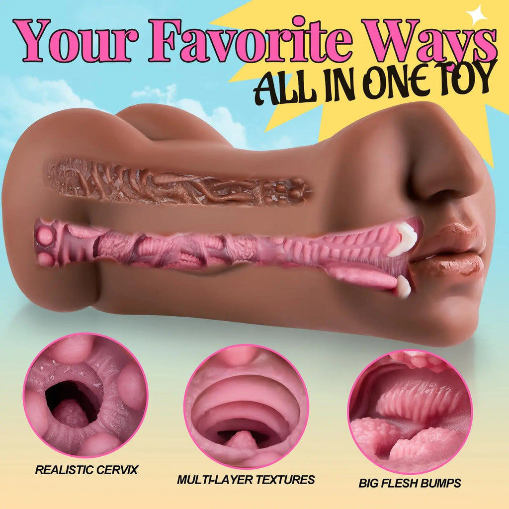 Masturbador masculino realista 3 em 1, brinquedo sexual oral, masturbador masculino com design 3D realista de boca, vagina e ânus estreito.
