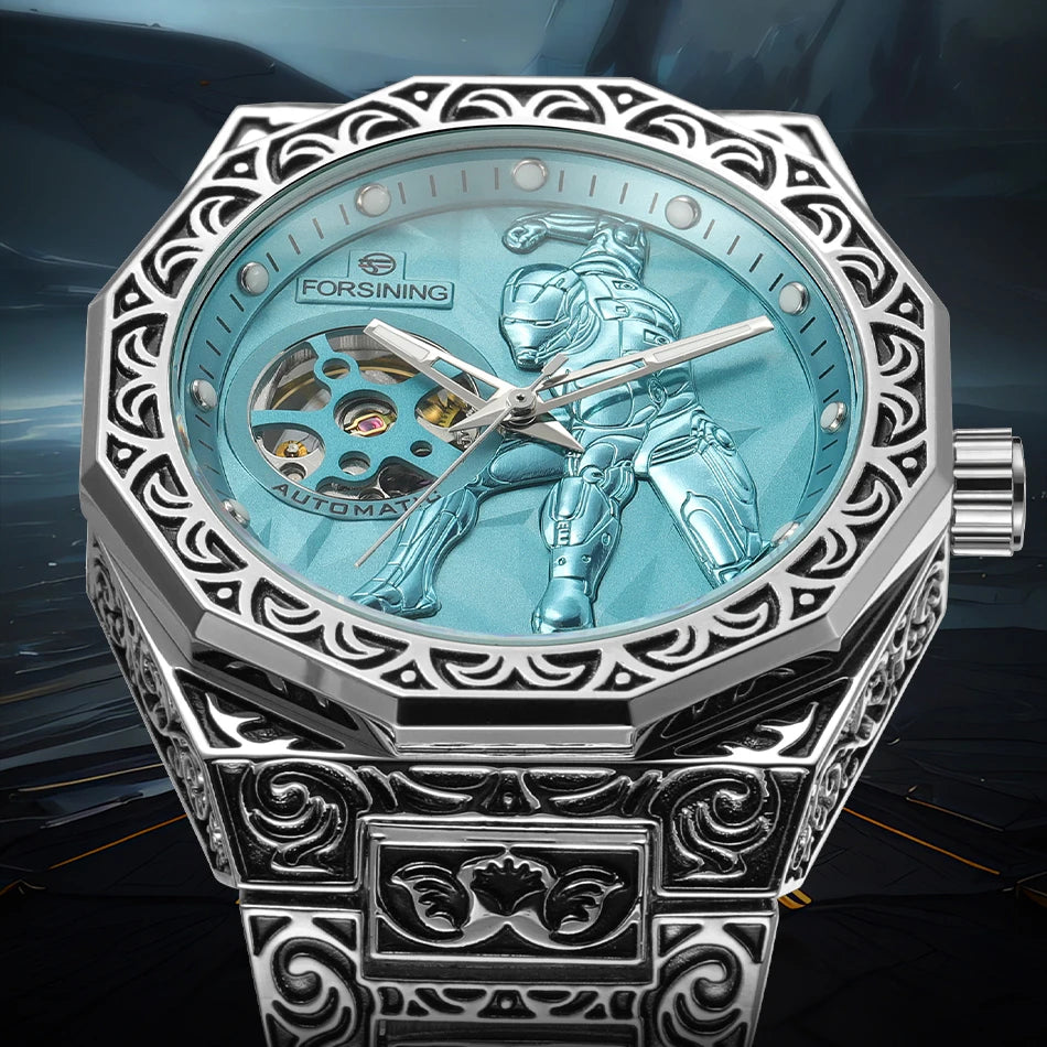 Relógio Automático Masculino FORSINING, Mecânico Esqueleto Retrô Vintage com Pulseira de Aço Gravada, Mostrador Luminoso e Fecho Deployant