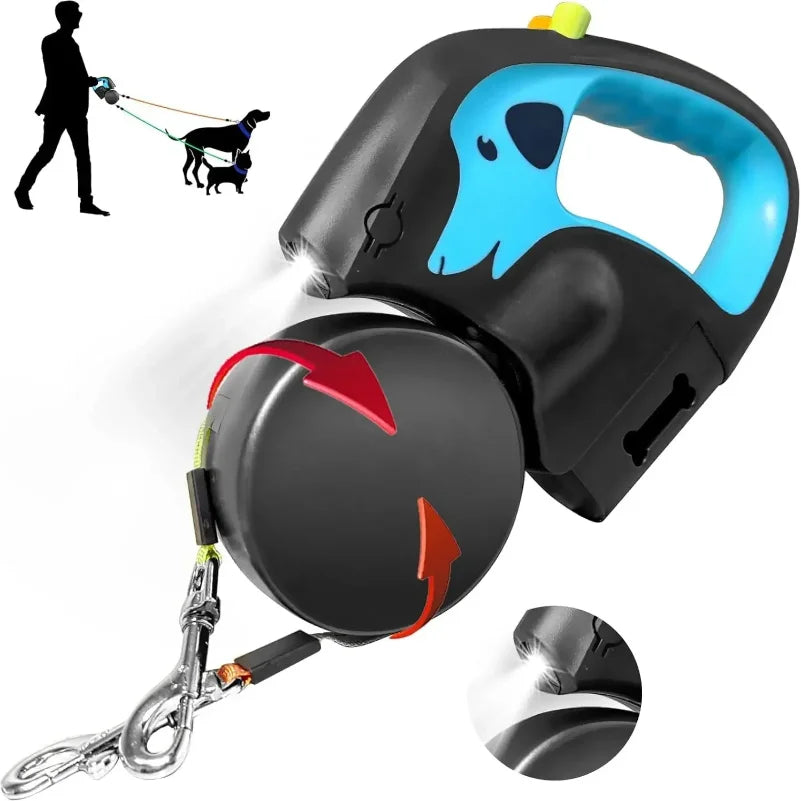 Coleira retrátil de 3m para cães pequenos, refletiva, dupla, com trava giratória 360°, anti-emaranhamento