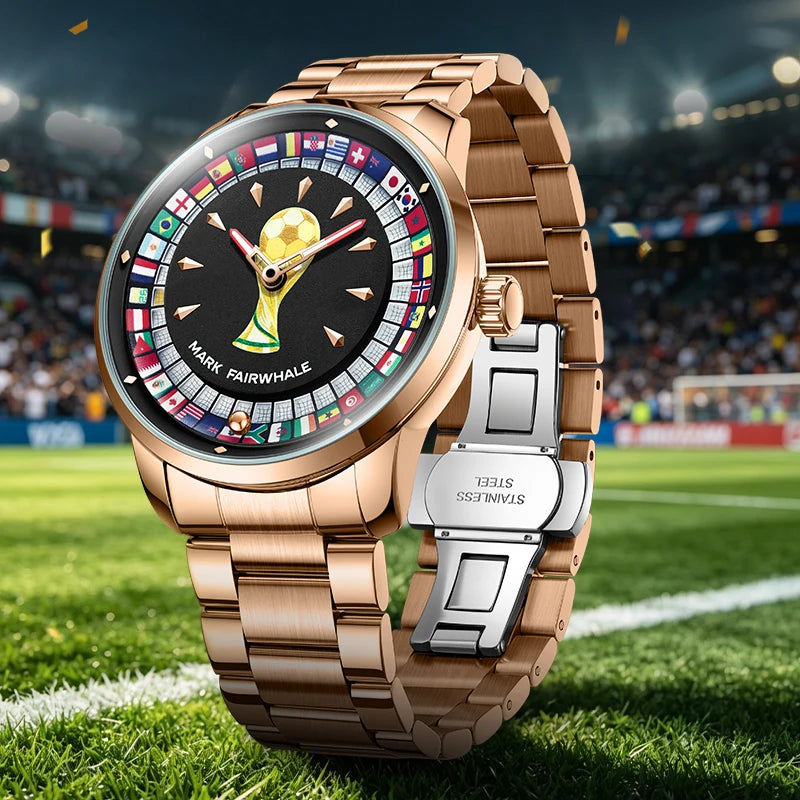 Relógio MARK FAIRWHALE Desportivo Masculino. Design exclusivo de futebol com mostrador rotativo 360°, bracelete em aço inoxidável e resistente à água.