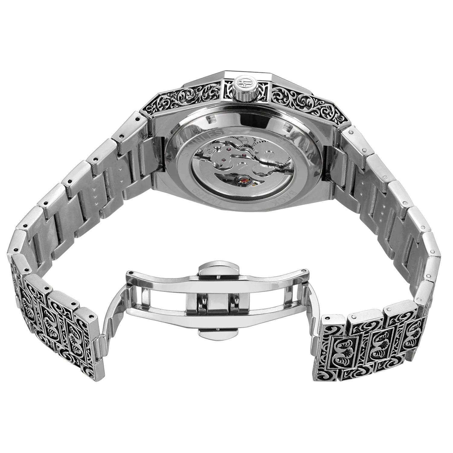 Relógio Automático Masculino FORSINING, Mecânico Esqueleto Retrô Vintage com Pulseira de Aço Gravada, Mostrador Luminoso e Fecho Deployant