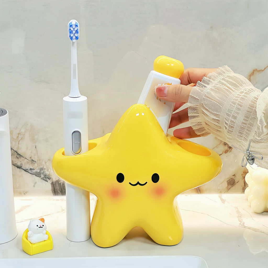 Porta-Escovas de Dentes Fofo em Formato de Estrela – Organizador de Banheiro de Bancada com Carinha Fofa, Economia de Espaço para Escovas e Pasta